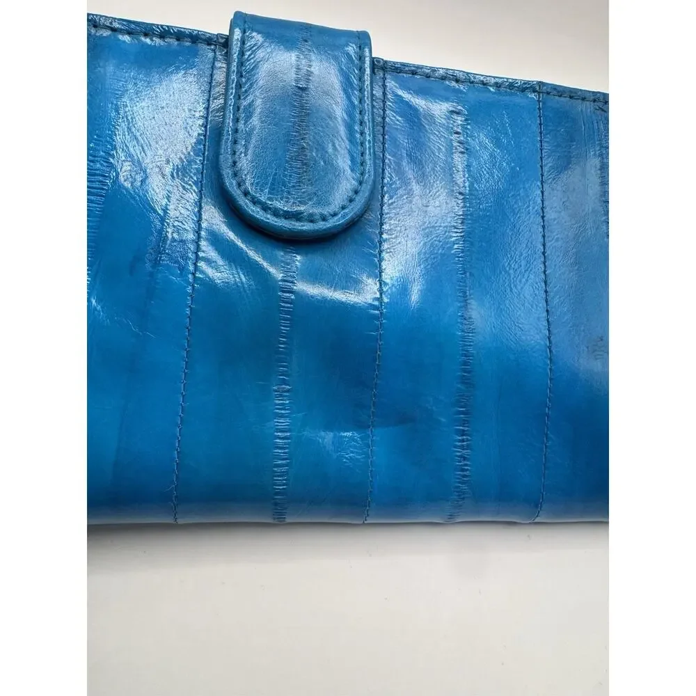 Eel Skin Leather Wallet Turquoise Blue Organizer Clutch + Keychain Vintage Teal - Picture 3 of 15
